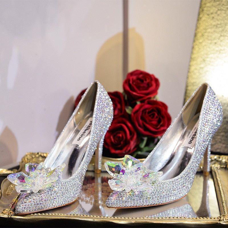 Bridal Crystal Princess Shoes Pointed Toe High Heel White, Silver, Gold, Pink - Frimunt Clothing Co.