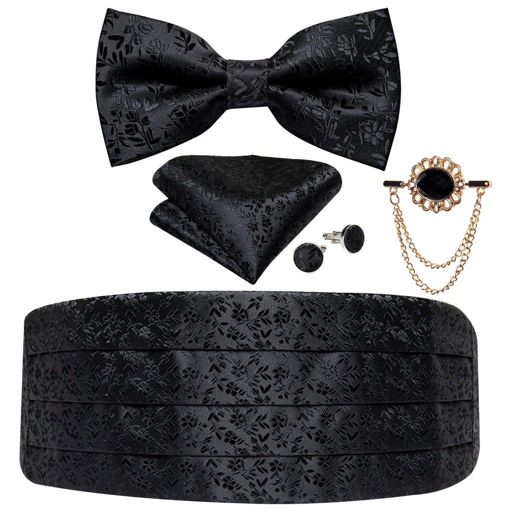 Black Floral Silk Men's Cummerbunds Bow Tie, Brooch, Hanky, Tuxedo Formal Wide Belt and Cufflinks Set. Formal Men's Fashion. - Frimunt Clothing Co.