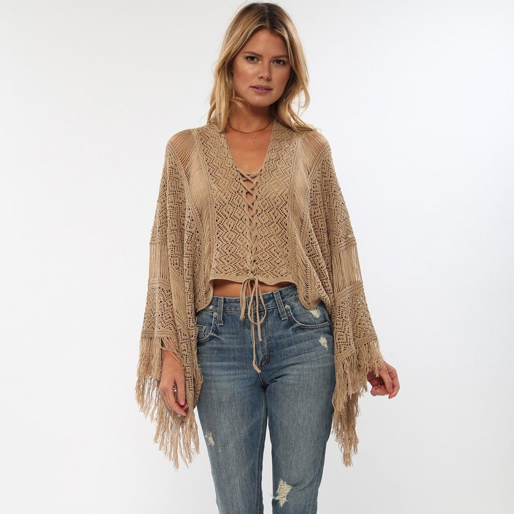 Fringe Crochet Knitted Solid Color Hollow Out Women's Tunic Top - Frimunt Clothing Co.