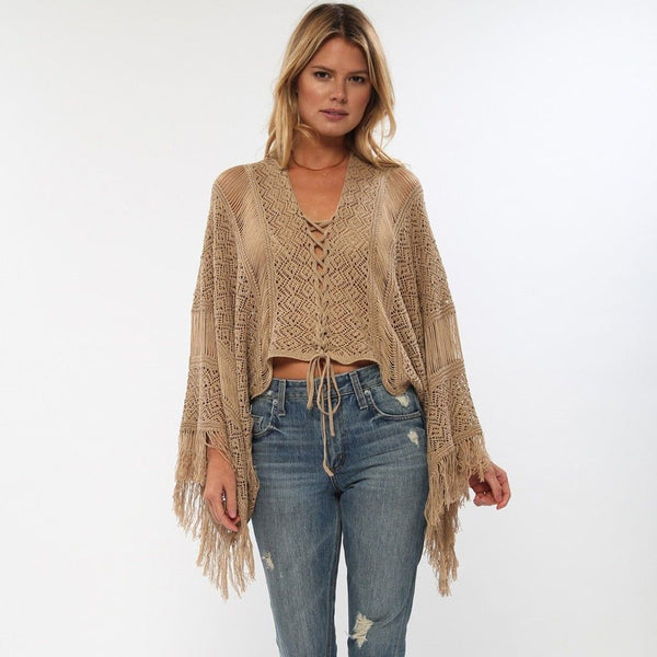 Fringe Crochet Knitted Solid Color Hollow Out Women's Tunic Top