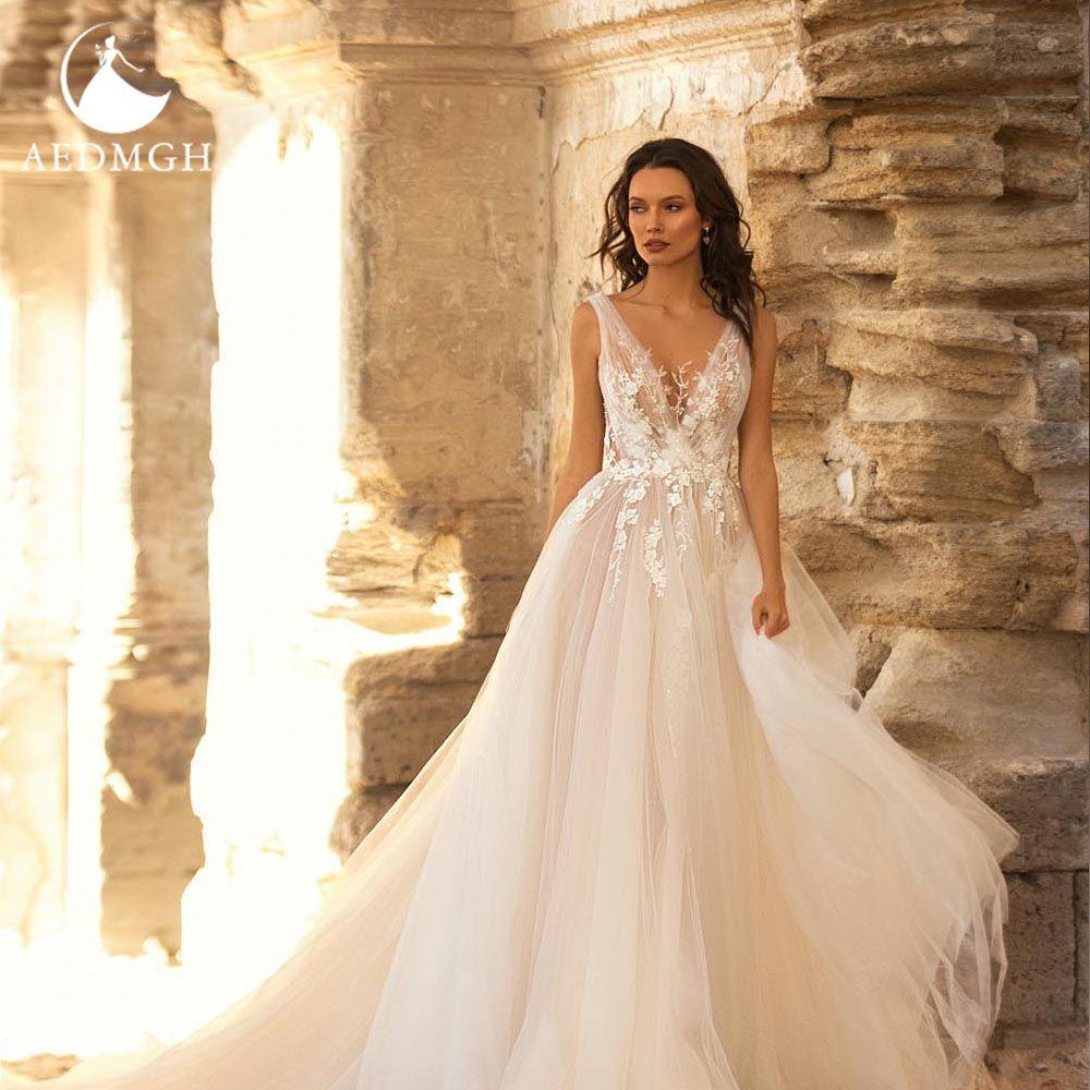 Nadia Stunning Beach Wedding Dress V- Neck Sleeveless A-Line Court Train Elegant Appliques - Frimunt Clothing Co.
