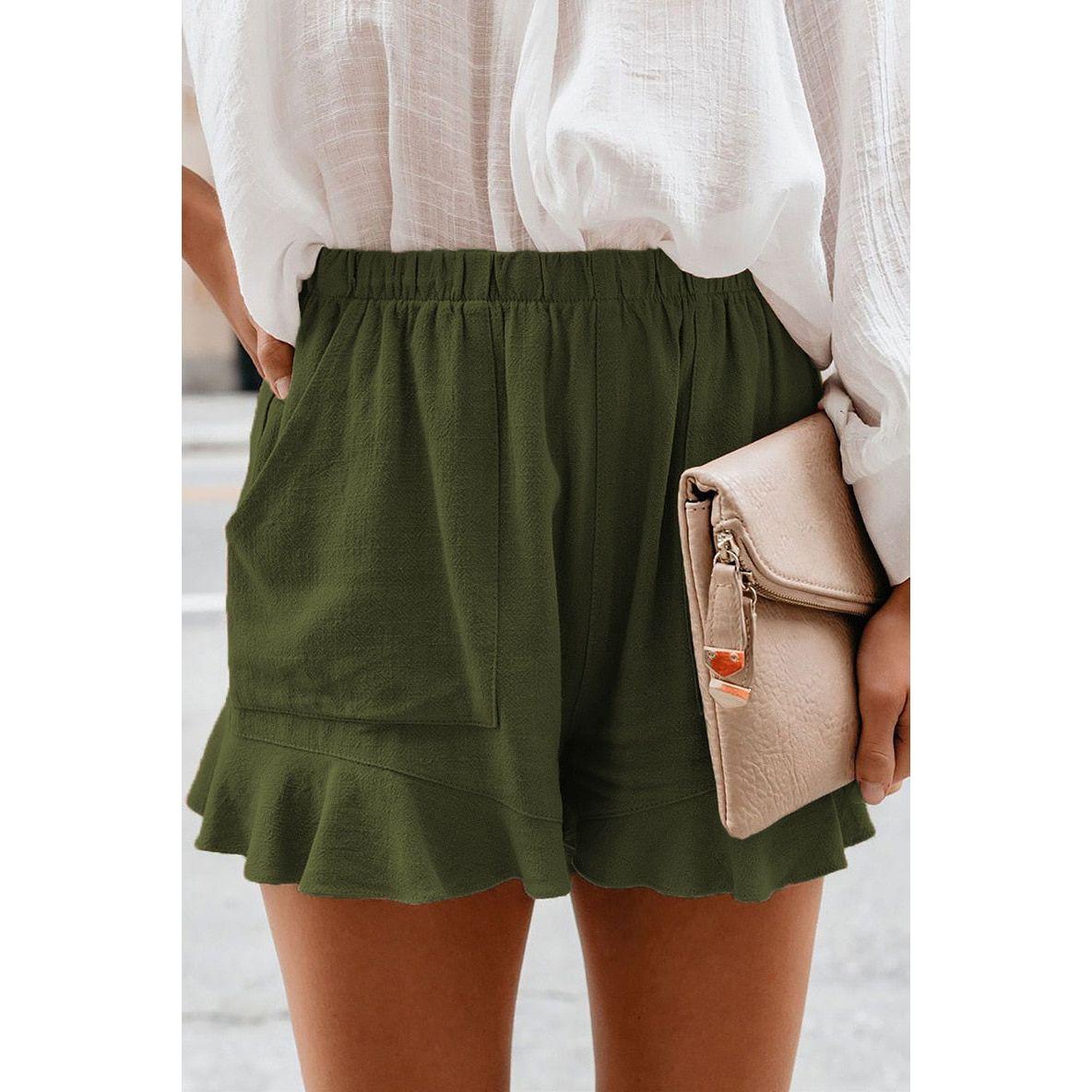 Women Shorts 2022 Summer High Waist Elastic Pockets Ruffles Straight Casual Thin Mini Shorts S-5XL - Frimunt Clothing Co.