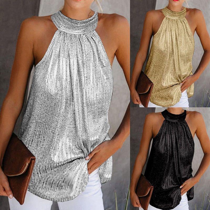 Women's Fashion Shiny Halter Neck Tank Tops Summer Casual Solid Color Blouse Black Gold Silver Leopard - Frimunt Clothing Co.