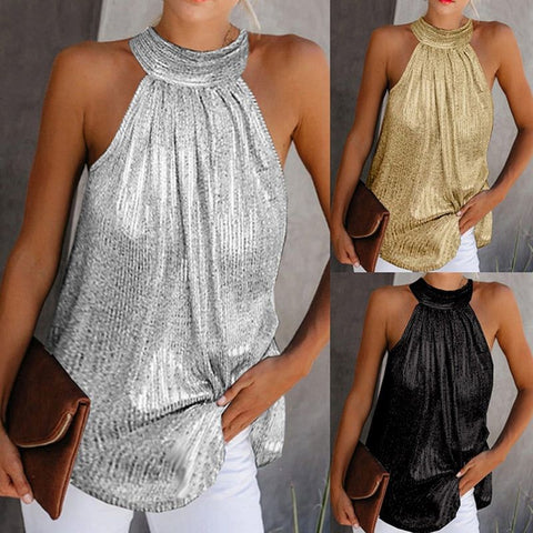 Women's Fashion Shiny Halter Neck Tank Tops Summer Casual Solid Color Blouse Black Gold Silver Leopard - Frimunt Clothing Co.