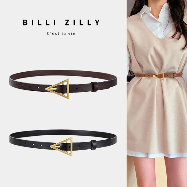 New Style Eco Leather Triangle Buckle Women's Thin Belt Length 115cm White Black Khaki - Frimunt Clothing Co.
