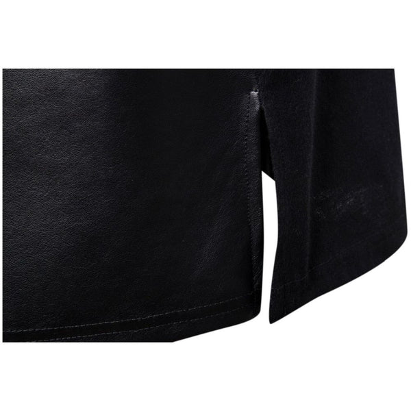 Men's Autumn Winter Black Faux Leather Long Sleeve Hooded Side Split Tees