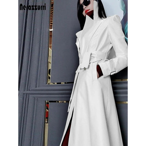 Nerazzurri Spring Runway White Long Leather Trench Coat for Women Long Sleeve Elegant Luxury Fashion - Frimunt Clothing Co.