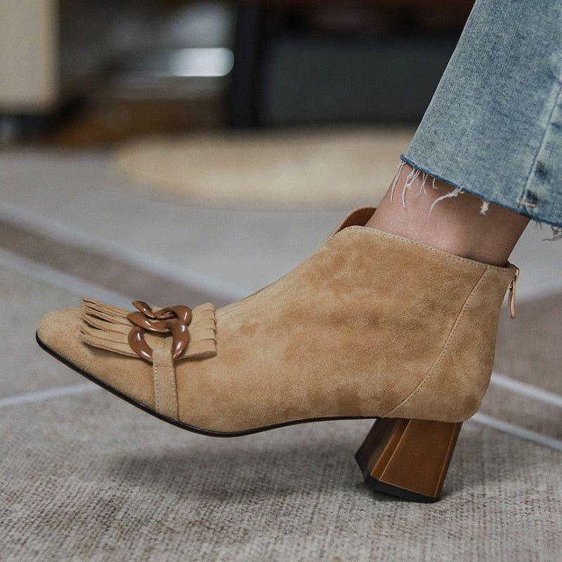 Autumn Ladies Sheep Suede Fringe Zip Ankle, Midi Heel, Chain And Tassel Booties - Frimunt Clothing Co.