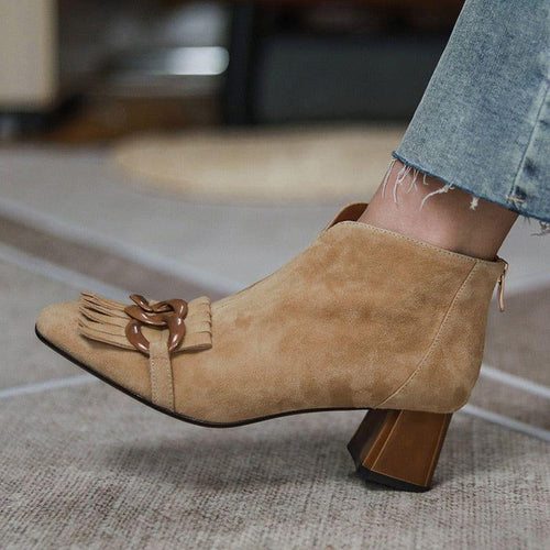 Autumn Ladies Sheep Suede Fringe Zip Ankle, Midi Heel, Chain And Tassel Booties - Frimunt Clothing Co.