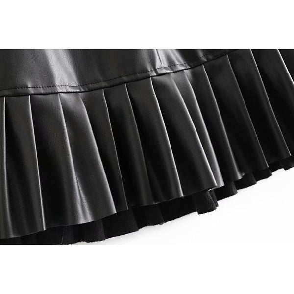 Fitaylor Women Chic Eco Leather Pleated Ruffles Tie Belt Waist Pocket Skirt Zipper Fly - Frimunt Clothing Co.