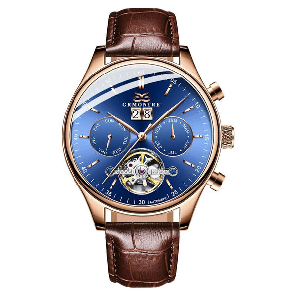 Men's Skeleton Tourbillon Mechanical Watch Automatic Classic Rose Gold Leather Band Wrist Watch - Frimunt Clothing Co.