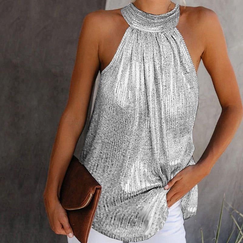 Women's Fashion Shiny Halter Neck Tank Tops Summer Casual Solid Color Blouse Black Gold Silver Leopard - Frimunt Clothing Co.