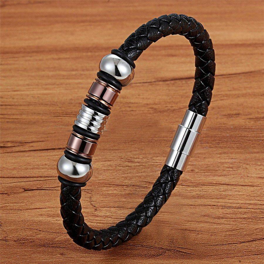 Stainless Steel Charm Magnetic Black Men Bracelet Leather Genuine Braided Punk Rock Bangles Jewelry Accessories - Frimunt Clothing Co.