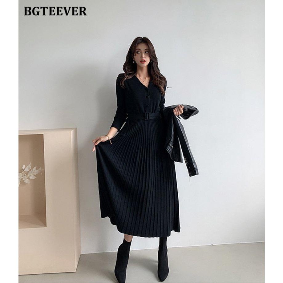 Elegant V-Neck Autumn Winter Knitted Belted Pleated Women's Long Dress - Frimunt Clothing Co.