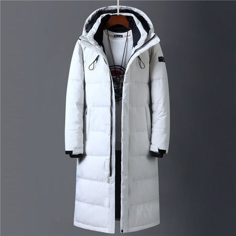 Men's Hooded High Quality Long Coat Winter 90% White Duck Down - Black or White