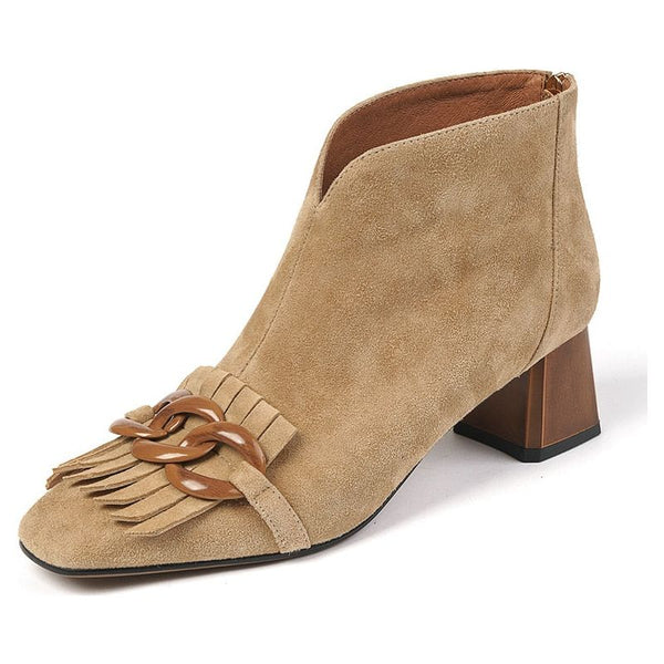 Autumn Ladies Sheep Suede Fringe Zip Ankle, Midi Heel, Chain And Tassel Booties - Frimunt Clothing Co.