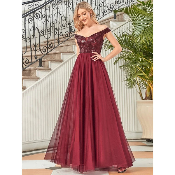Women's Elegant Evening Dresses A-Line Sleeveless V-Neck Sequins on Bodice Long Skirt 2022 Prom Dress