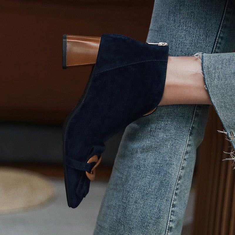 Autumn Ladies Sheep Suede Fringe Zip Ankle, Midi Heel, Chain And Tassel Booties - Frimunt Clothing Co.