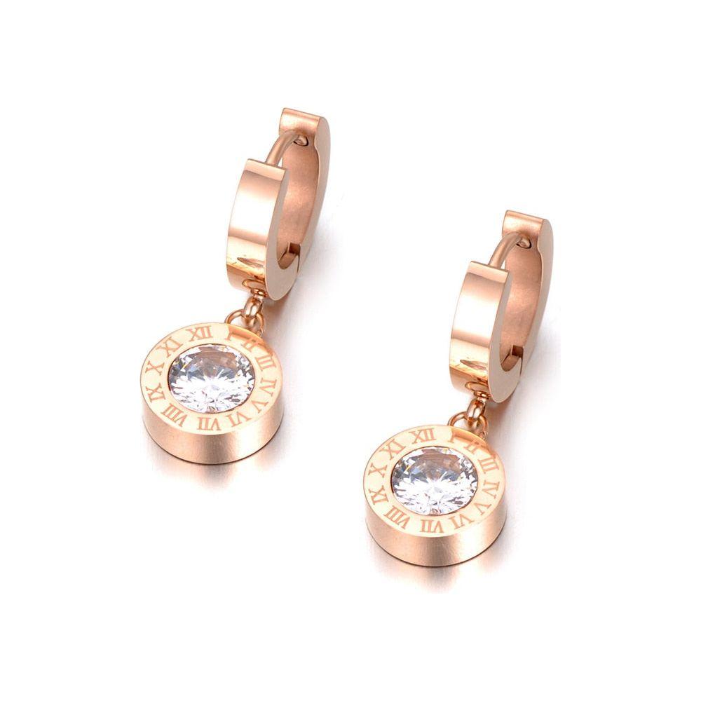 Fashion Cubic Zirconia Round Roman Numerals Stainless Steel Earrings Rose Gold, Gold, Silver Colors - Frimunt Clothing Co.