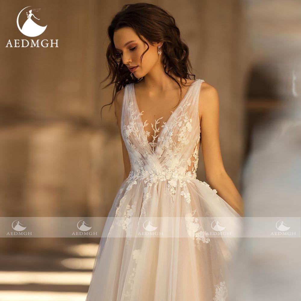 Nadia Stunning Beach Wedding Dress V- Neck Sleeveless A-Line Court Train Elegant Appliques - Frimunt Clothing Co.