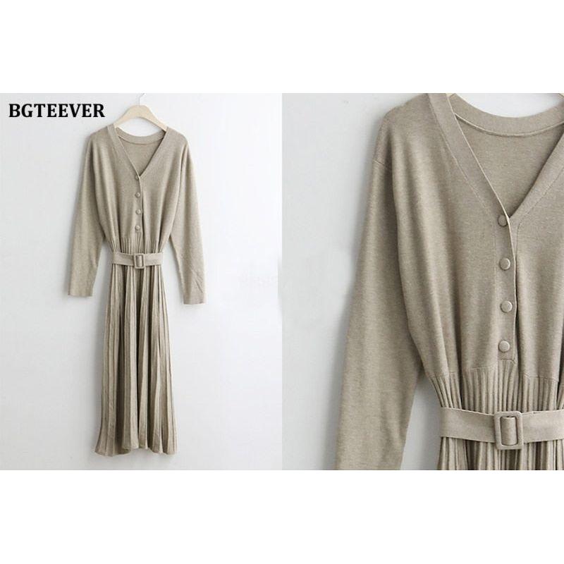 Elegant V-Neck Autumn Winter Knitted Belted Pleated Women's Long Dress - Frimunt Clothing Co.