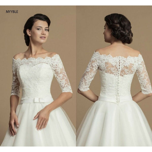Elegant Lace Back Buttoned 3/4 Sleeve Bridal Off-Shoulders Bolero Jacket - Frimunt Clothing Co.