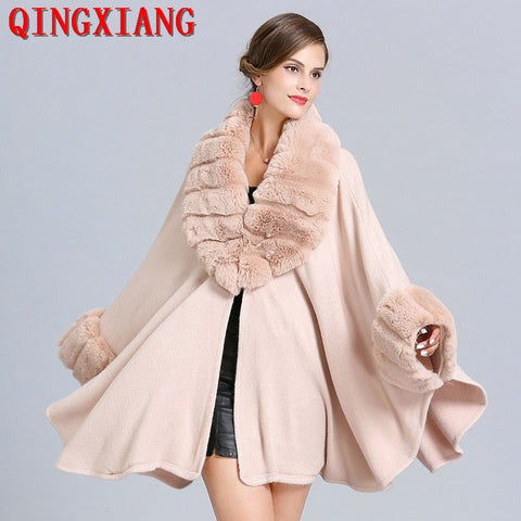 Women's Solid Colors Cloak Knitted Shawl Big Faux Fox Fur Trim Collar Loose Long Batwing Sleeves Poncho Cape