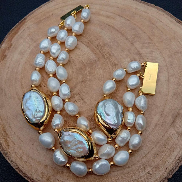 Women's 3 Rows Cultured White Baroque Freshwater White Keshi Pearls Handmade Bracelet Classic Elegant Fashion Jewelry