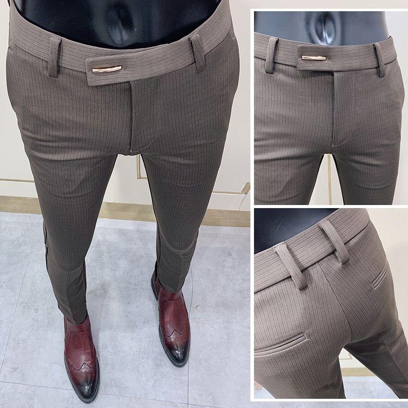 Spring Autumn Fashion Striped Men's Dress Pant Elegant Slim Fit Tight-ankle Office Party Business Trousers 3 Colors - Frimunt Clothing Co.