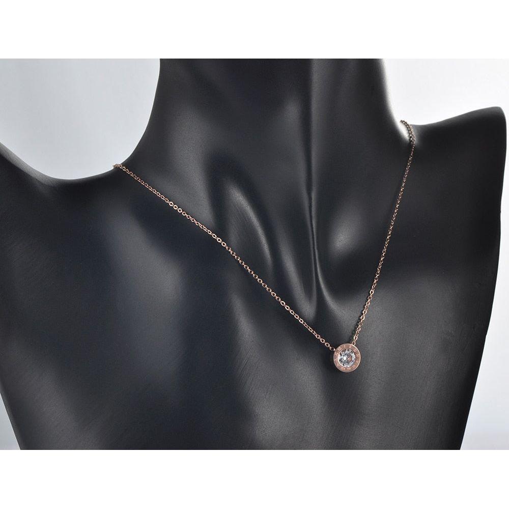 Fashion Austrian Crystal Round Roman Numerals Stainless Steel Necklace. Rose Gold, Gold, Silver Colors - Frimunt Clothing Co.