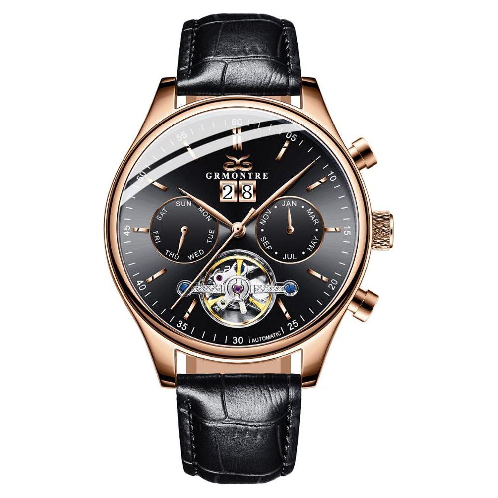 Men's Skeleton Tourbillon Mechanical Watch Automatic Classic Rose Gold Leather Band Wrist Watch - Frimunt Clothing Co.