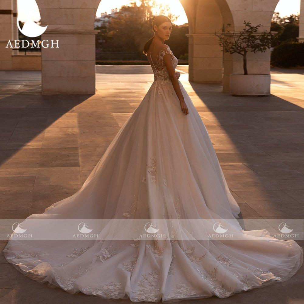 Dennise A-Line Wedding Dress Sweetheart Cap Sleeve Court Train Graceful Beading Appliques - Frimunt Clothing Co.