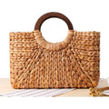Women's Natural Hand-Woven Corn Husk With Wood Handle Beach Bag Large Capacity Basket Boho - Frimunt Clothing Co.