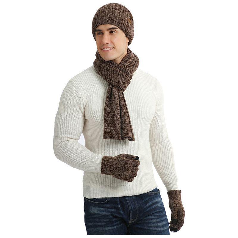 Autumn Winter Men's Knitted Thick Wool Hat, Scarf & Gloves 3-Piece Set - Frimunt Clothing Co.