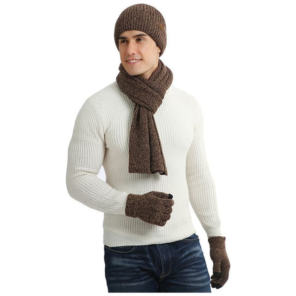 Autumn Winter Men's Knitted Thick Wool Hat, Scarf & Gloves 3-Piece Set
