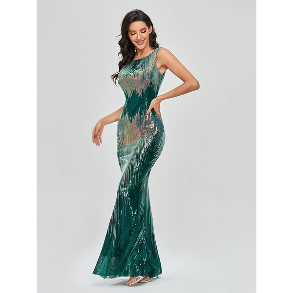 Sleeveless O-neck Evening Party Dress Shinning Sequins Mermaid Prom Gowns Elegant Slim Robe De Soriee Women Full Dress 2021 New - Frimunt Clothing Co.