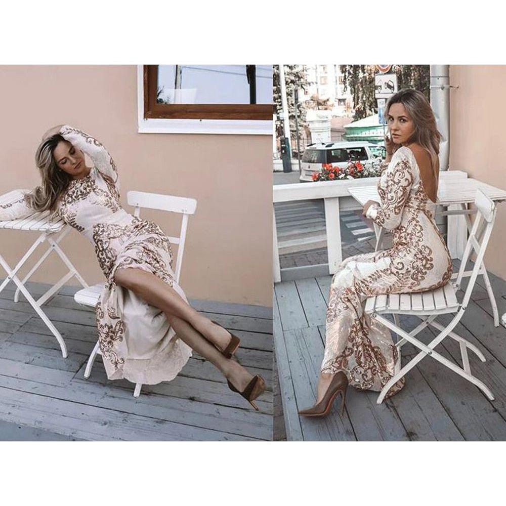 Women Sexy O Neck Backless Sequin Long Wedding Dresses Bodycon Evening Party Dress Gold - Frimunt Clothing Co.