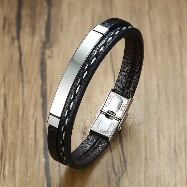Trendy Men's Leather Weave Bracelet 3 Colors Contrast Stainless Steel Bangle - Frimunt Clothing Co.