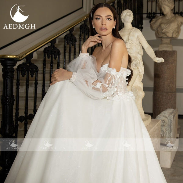 Aisling Strapless Puff Sleeve Romantic Bridal Gown Appliques 3D Flowers Backless A-Line  Court Train - Frimunt Clothing Co.