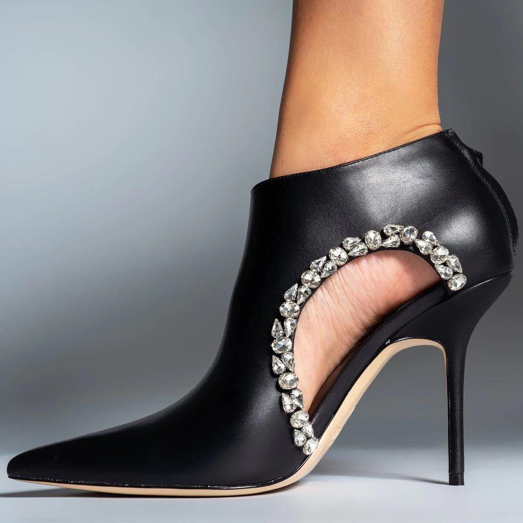 Sexy Pointed Toe Crystal Hollow Out Ankle Boots Solid Leather Back Zipper Thin High Heel Designer Pumps - Frimunt Clothing Co.