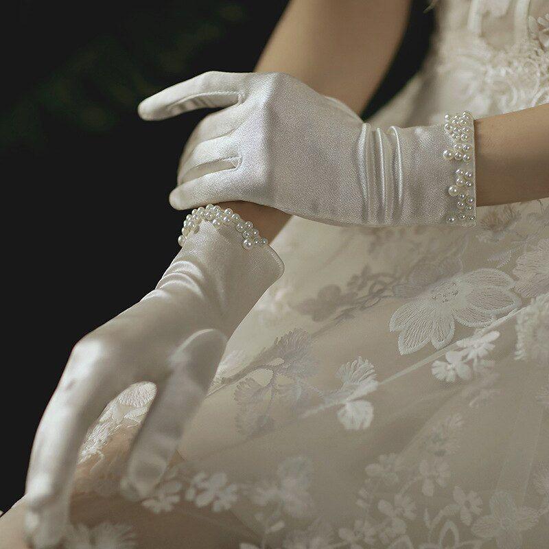 Elegant Satin Short Bridal Gloves Beaded Wedding Gloves - Frimunt Clothing Co.