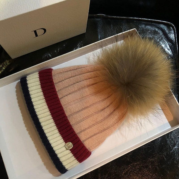 Women's Winter Knitted Hats With 100% Fur Pompom In Box