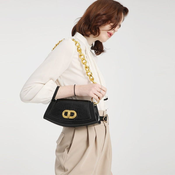 Women Chain Croco Pattern Faux Leather Underarm Shoulder Bag Flap Closure Black Beige - Frimunt Clothing Co.