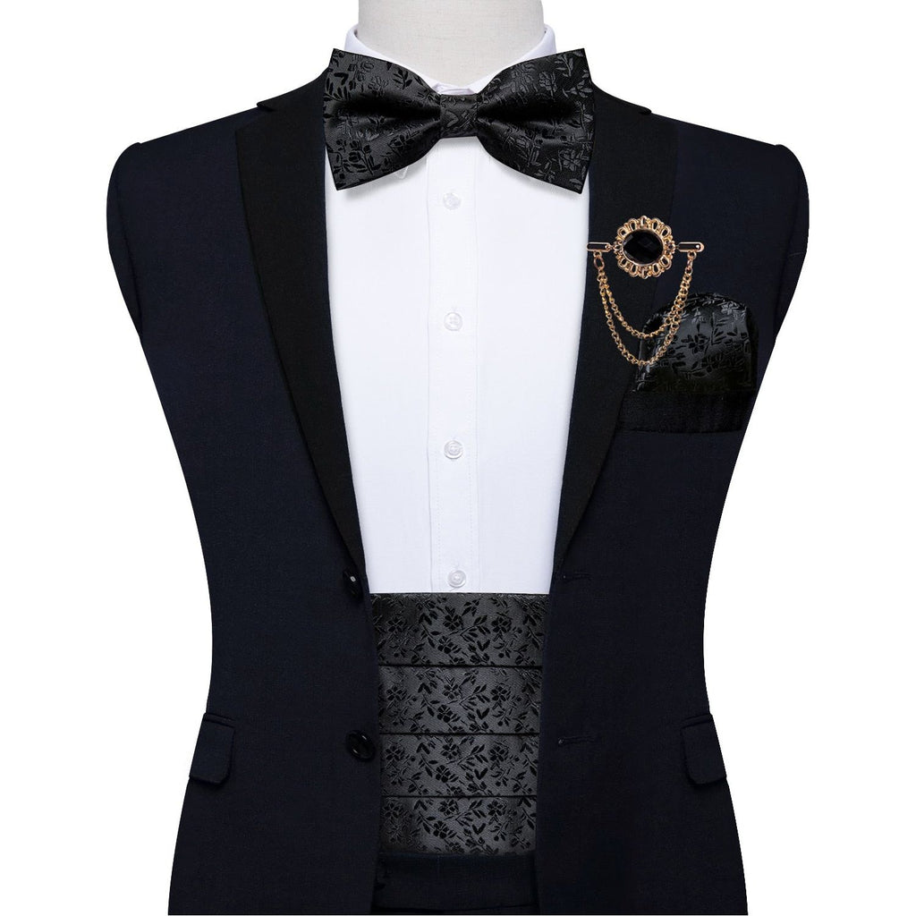 Black Floral Silk Men's Cummerbunds Bow Tie, Brooch, Hanky, Tuxedo Formal Wide Belt and Cufflinks Set. Formal Men's Fashion. - Frimunt Clothing Co.