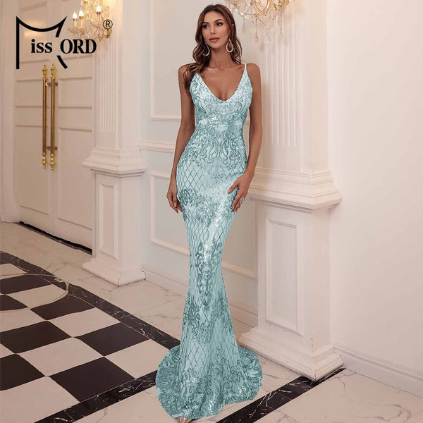 Missord Women Backless Sequin Evening Long Prom Dress Elegant V Neck Spaghetti Strap Maxi Summer Bodycon Party Dress