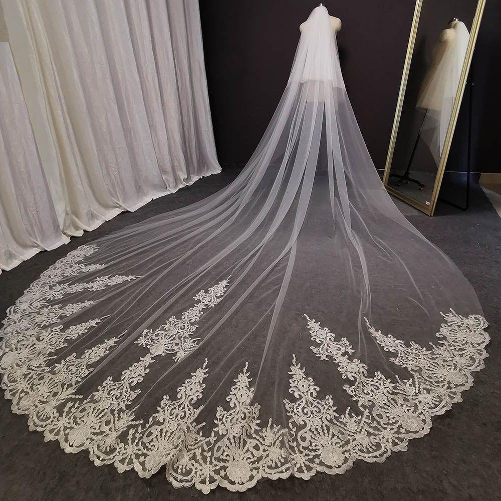 Two Tier Long Lace Wedding Veil Cathedral Length White Ivory Bridal Veil with Comb - Frimunt Clothing Co.