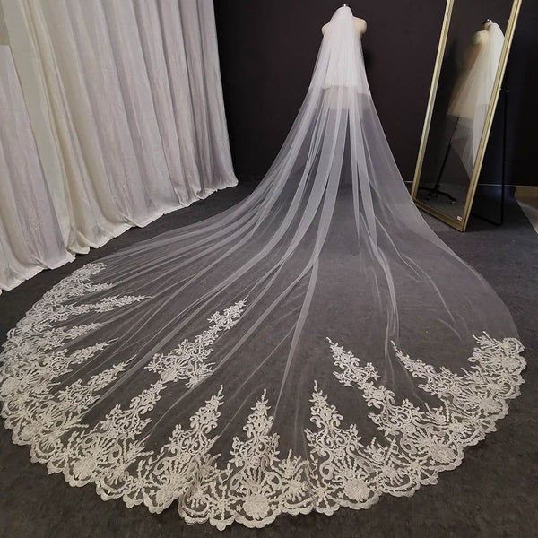 Two Tier Long Lace Wedding Veil Cathedral Length White Ivory Bridal Veil with Comb - Frimunt Clothing Co.