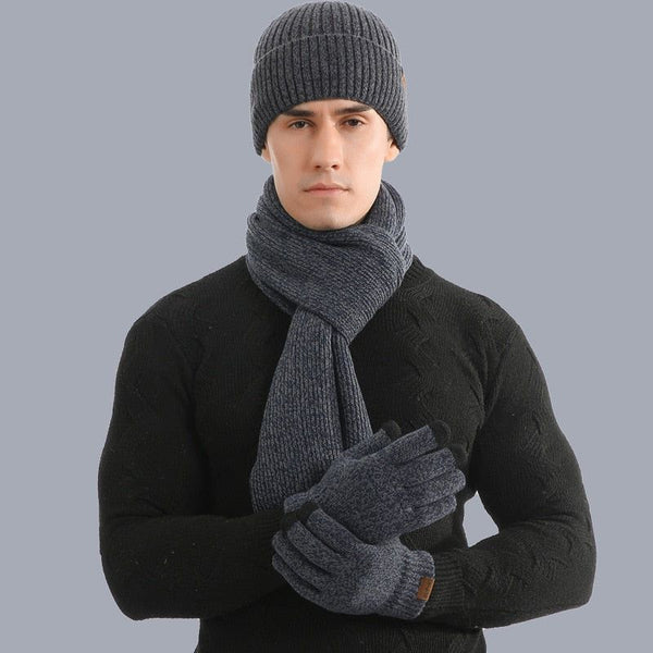 Autumn Winter Men's Knitted Thick Wool Hat, Scarf & Gloves 3-Piece Set - Frimunt Clothing Co.