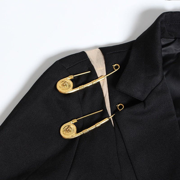 Women's Loose Fit Black Single Button Pin Decor Spliced Jacket Blazer New Lapel Long Sleeve Autumn Winter - Frimunt Clothing Co.