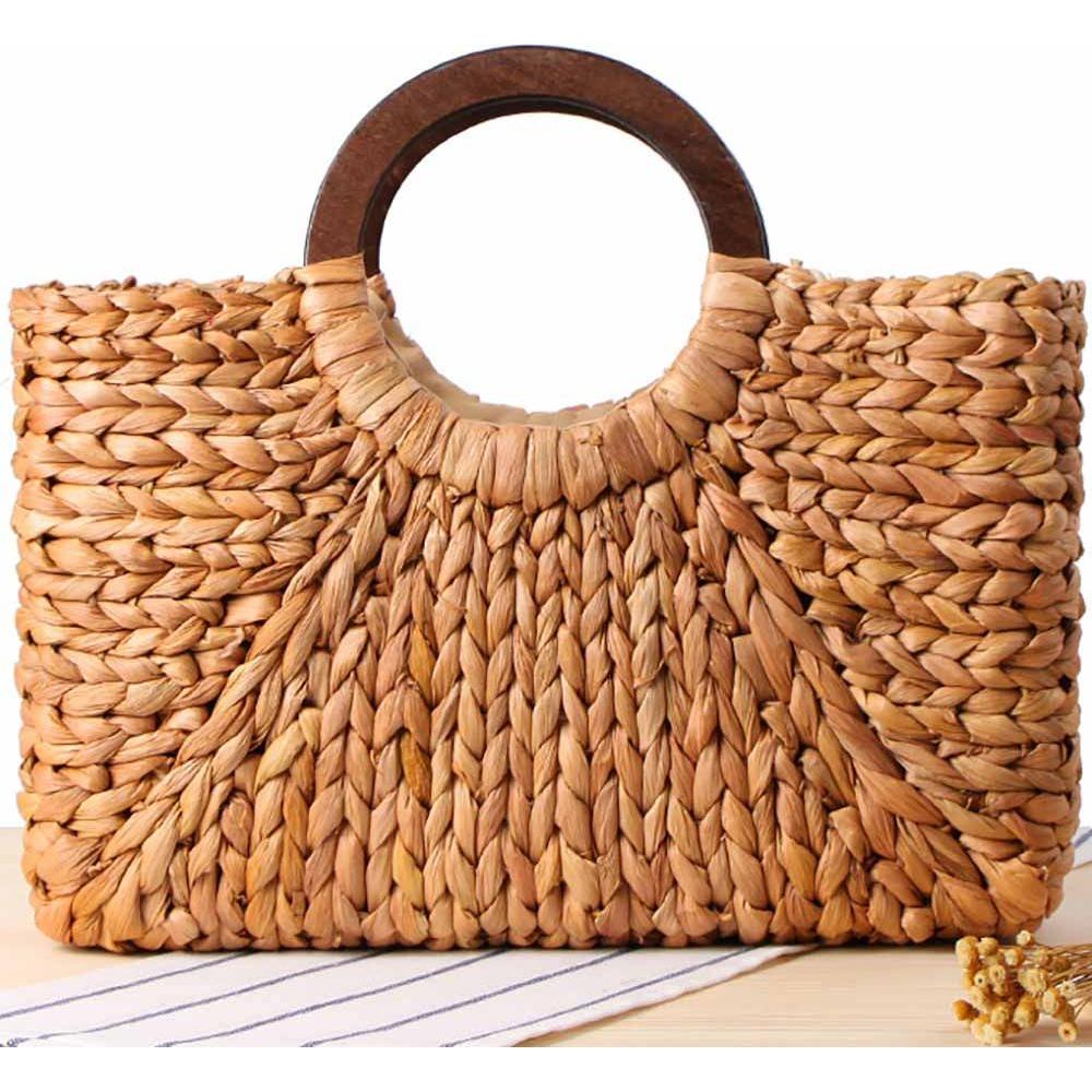 Women's Natural Hand-Woven Corn Husk With Wood Handle Beach Bag Large Capacity Basket Boho - Frimunt Clothing Co.
